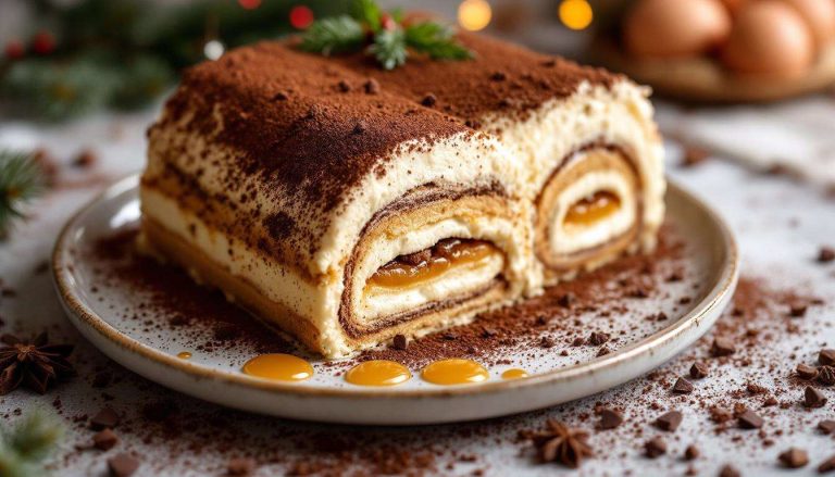 Ce tiramisu de Noel façon bûche ultra crémeux au café et cacao va voler la vedette sur votre table de fêtes cet hiver
