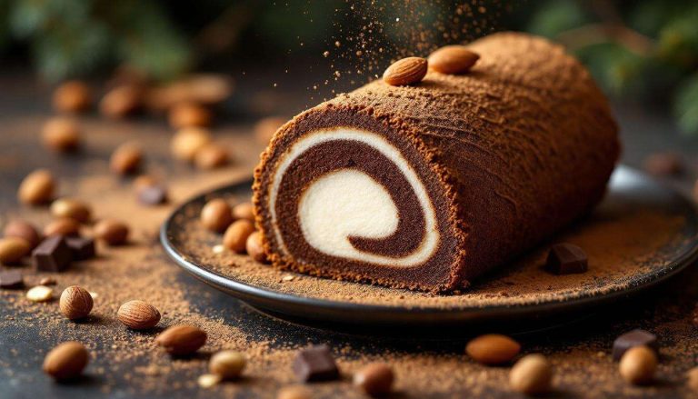 Bûche roulée de Noël façon Philippe Etchebest : praliné maison, ganache montée, et croustillant d’amandes en robe dorée