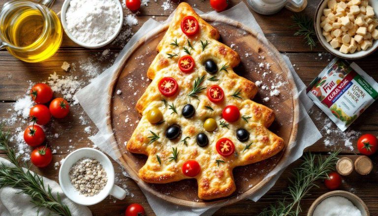 Focaccia de Noël maison : forme sapin, huile d’olive fruitée, tomates et olives, une entrée parfaite de fêtes