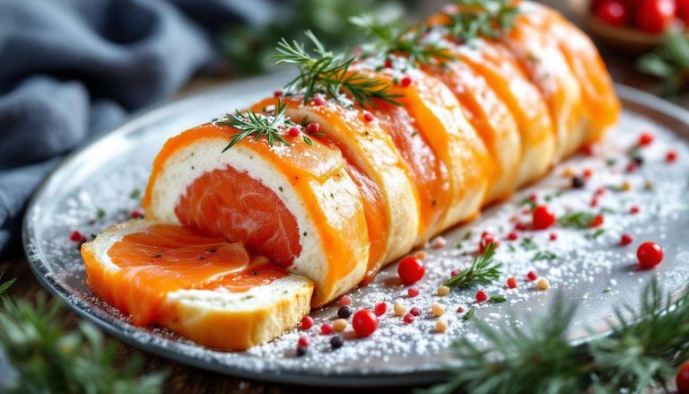 Cette bûche au saumon de Noël va surprendre vos invités : Pain de mie et herbes fraîches créent une entrée chic que personne n'oubliera.