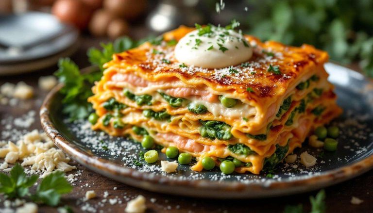 Ces lasagnes de Noel ne font pas dans la demi-mesure : des poireaux fondus, du saumon tendre, de la crème et du vin blanc