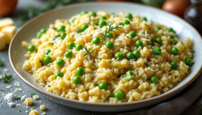 Un risotto tout doux et ultra crémeux aux poireaux, petits pois et parmesan : votre dîner doudou prêt en 25 minutes sans une goutte de vin