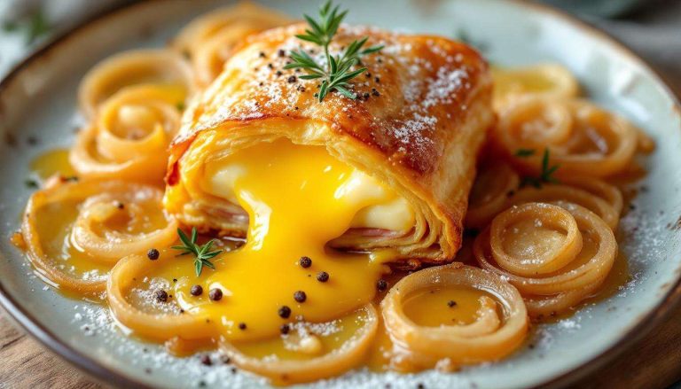 Feuilleté de camembert au jambon cru et oignons tout doux