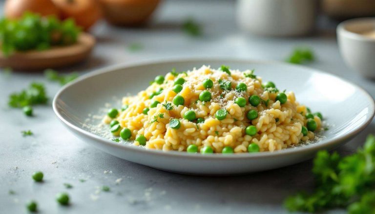 Un risotto tout doux et ultra crémeux aux poireaux, petits pois et parmesan : le dîner câlin express, prêt en 25 minutes sans une goutte de vin