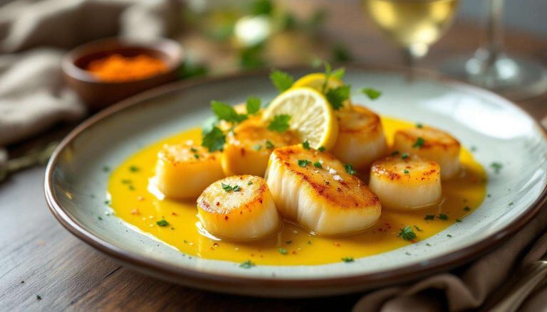 Queue de lotte et Saint-Jacques pochées : sauce safranée crémeuse, style restaurant