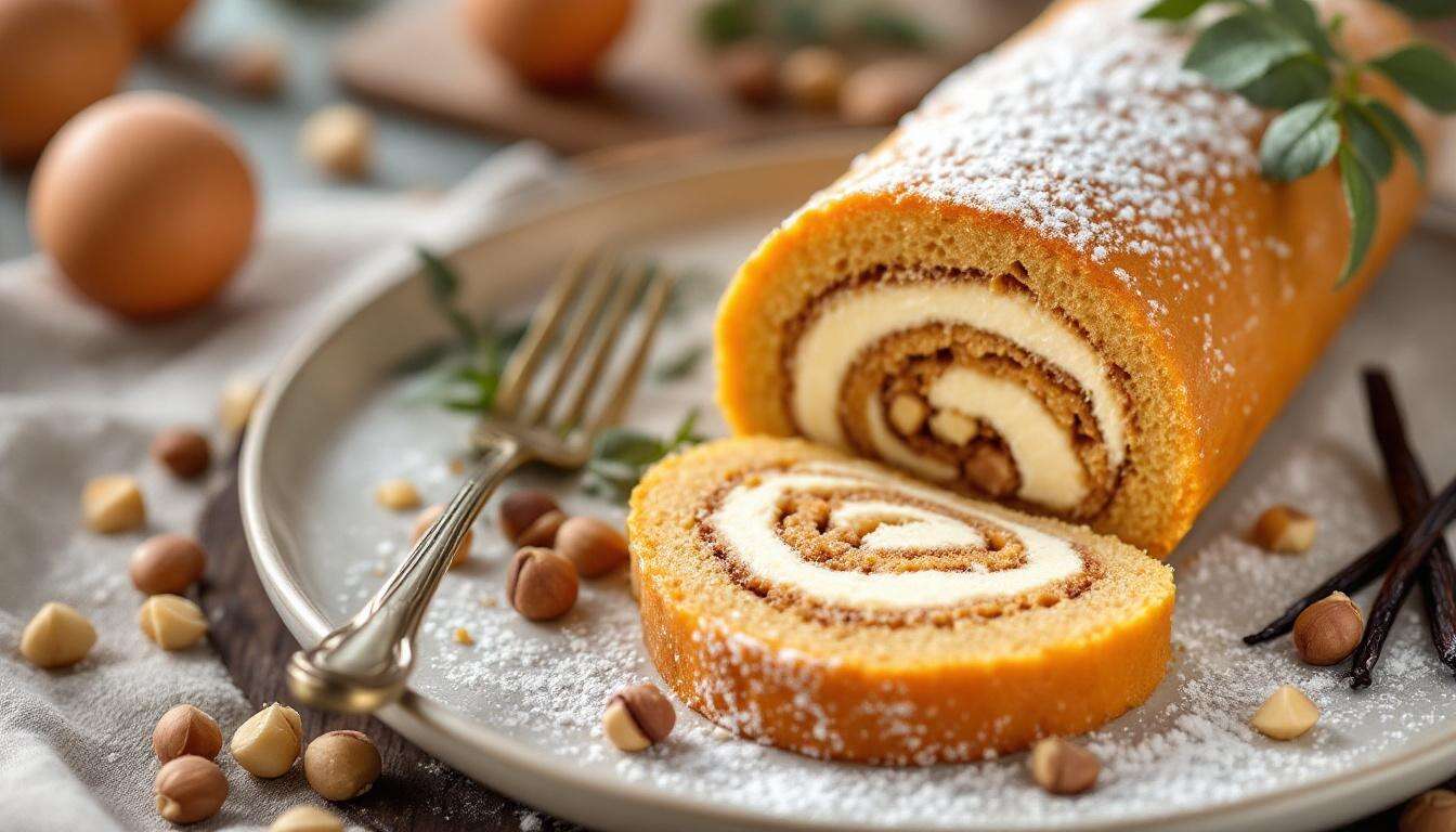 Ce roulé au praliné cache une crème mousseline irrésistible… et un croustillant de noisettes qui fait craquer